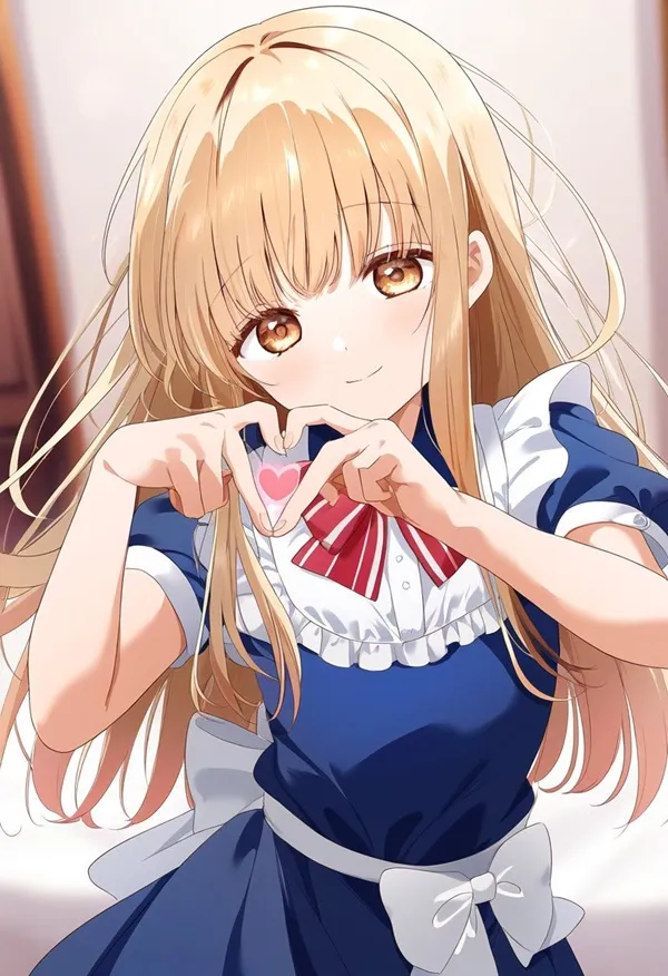 Ảnh shiina mahiru cute có một cô gái với mái tóc vàng dài làm trái tim bằng tay