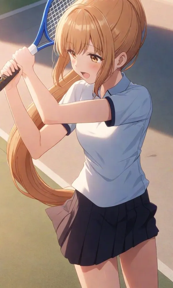 Ảnh shiina mahiru cute người chơi quần vợt nữ với mái tóc vàng dài cầm tennis