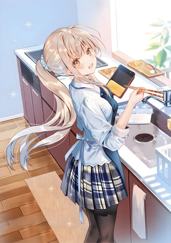 Ảnh shiina mahiru sexy có một người phụ nữ đang đứng trong bếp với điện thoại di động