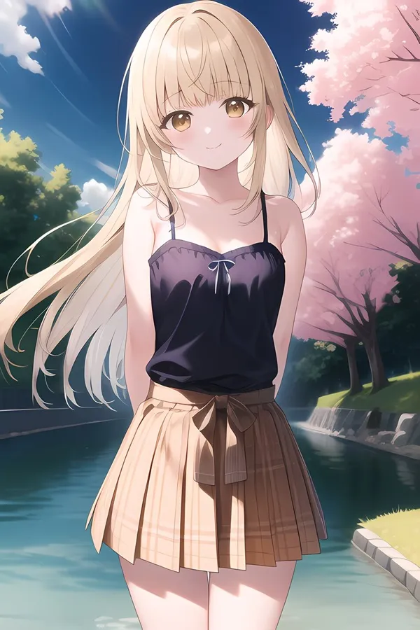 Ảnh shiina mahiru sexy nhân vật anime nữ với mái tóc vàng dài đứng gần một vùng nước