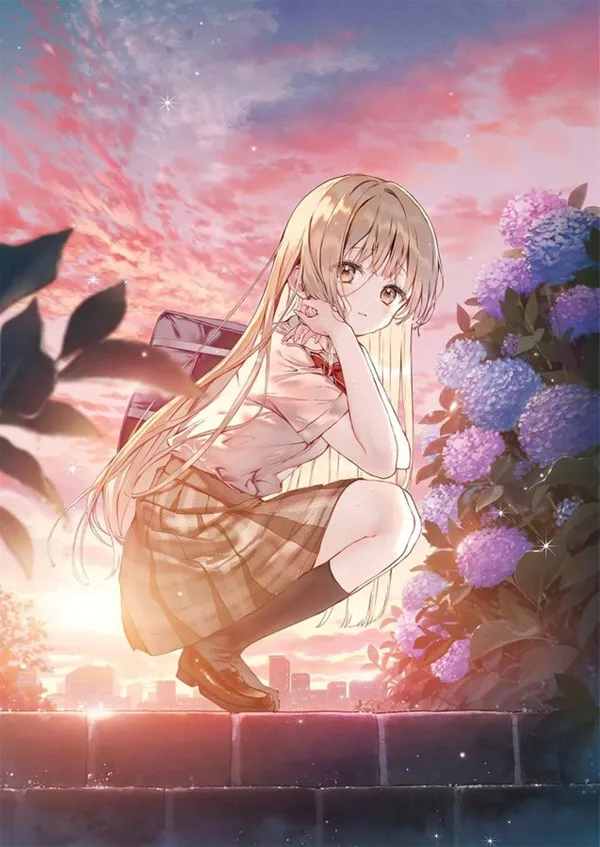 Ảnh shiina mahiru sexy cô gái tóc vàng ngồi trên tường trước những bông hoa màu tím