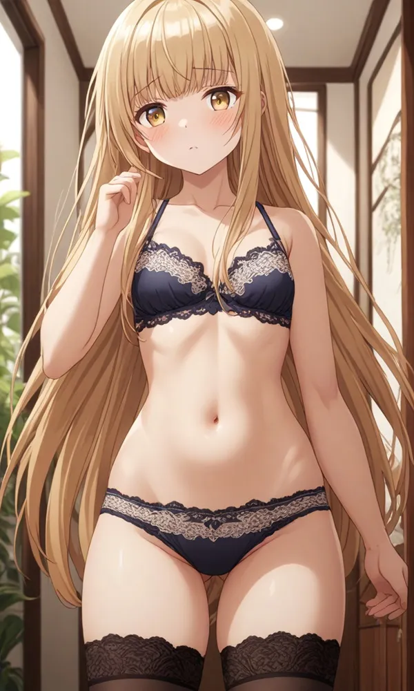 Ảnh shiina mahiru sexy có một người phụ nữ mái tóc vàng dài đứng trong phòng
