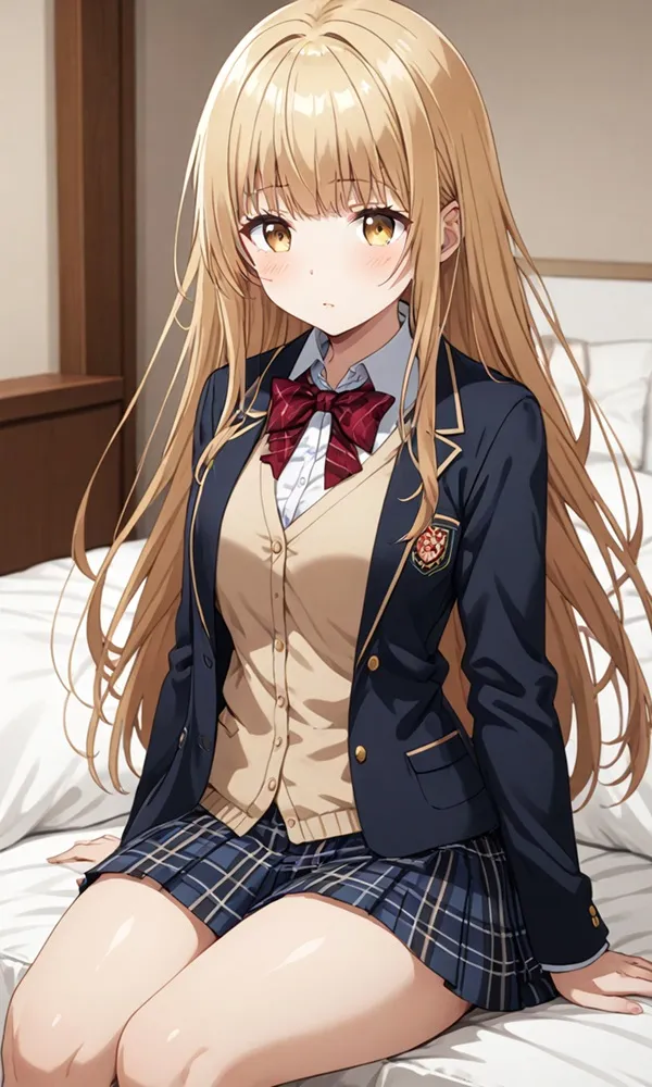 Ảnh shiina mahiru sexy có một người phụ nữ ngồi trên giường với mái tóc vàng dài