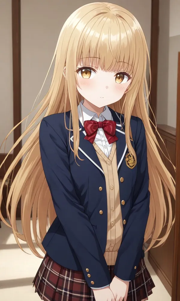 Ảnh shiina mahiru sexy có một phụ nữ trẻ với mái tóc vàng dài mặc đồng phục học sinh