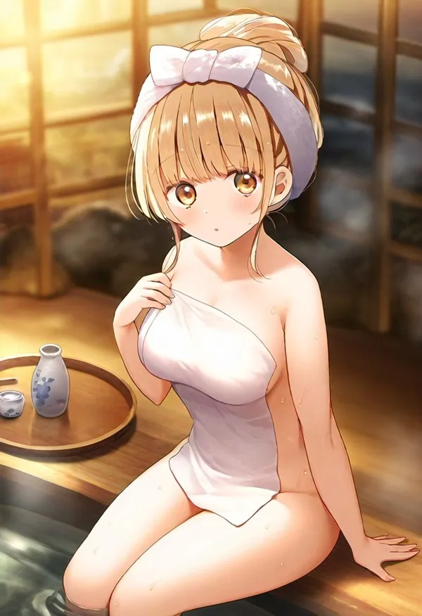 Ảnh shiina mahiru sexy người phụ nữ tóc vàng trong bộ đồ tắm trắng ngồi trên mép hồ bơi