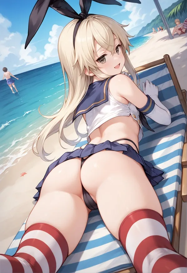 Ảnh shimakaze bikini cô gái thủy thủ nằm trên ghế bãi biển với đôi chân của mình