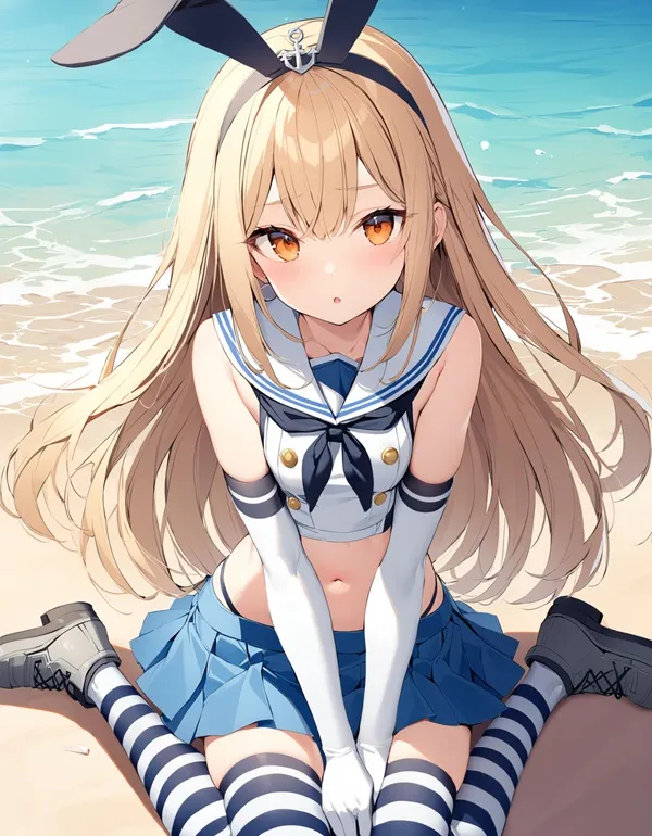 Ảnh shimakaze cute có một cô gái ngồi trên bãi biển với đôi chân của mình