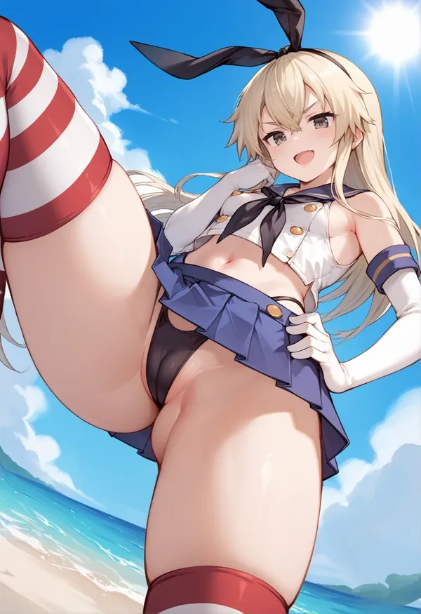 Ảnh shimakaze cute người phụ nữ mặc trang phục thủy thủ tạo dáng trên bãi biển với đôi chân lên
