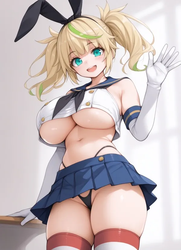 Ảnh shimakaze bikini cô gái anime gợi cảm với đôi tai thỏ tạo dáng trần truồng trên bàn