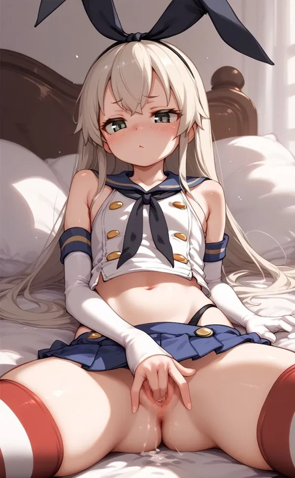 Ảnh shimakaze cute có một người phụ nữ trong trang phục thủy thủ ngồi trên giường