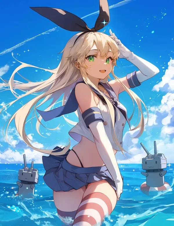 Ảnh shimakaze cute một người phụ nữ mặc váy ngắn và tai thỏ đứng trong nước