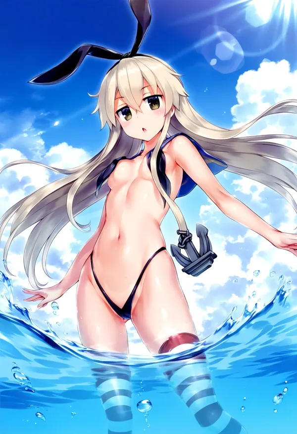Ảnh shimakaze hentai cô gái mặc bikini đứng trong nước với hai tay ra