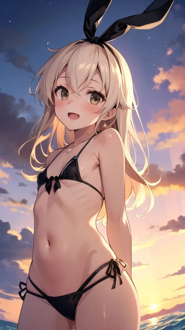 Ảnh shimakaze hentai có một người phụ nữ mặc bikini đứng trong nước
