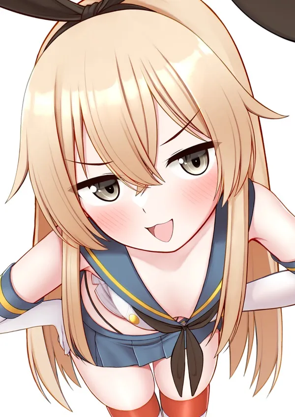 Hình ảnh shimakaze có một cô gái anime với mái tóc vàng dài mặc trang phục thủy thủ