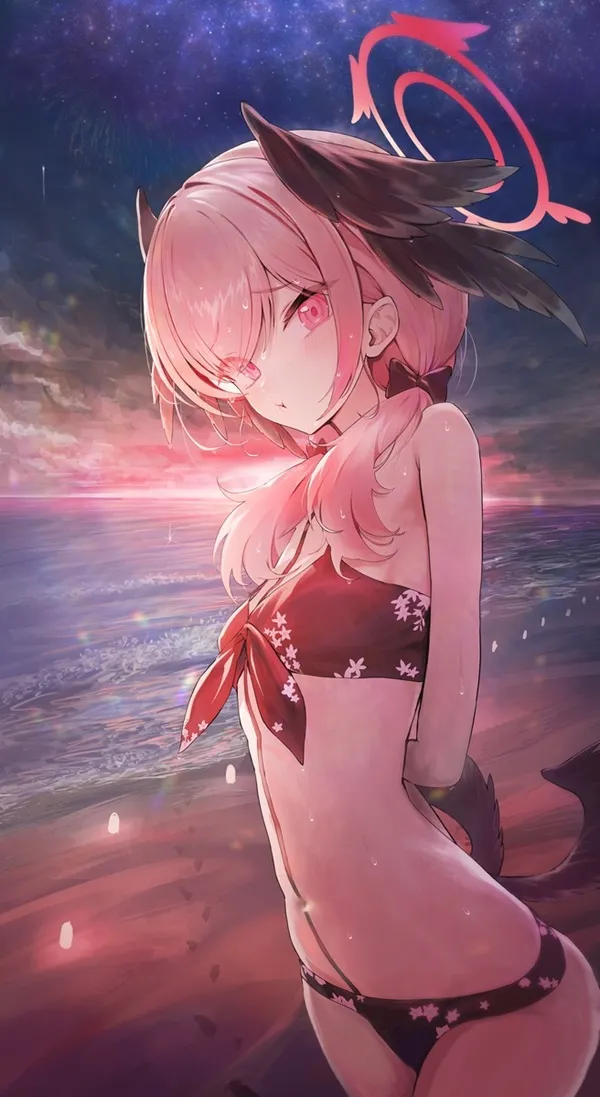Ảnh shimoe koharu sexy cô gái anime khỏa thân trong bộ bikini tạo dáng trên bãi biển vào ban đêm