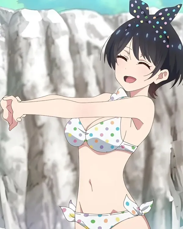 Ảnh sarashina ruka hentai nhân vật anime nữ trong bộ bikini chấm bi đứng trước thác nước