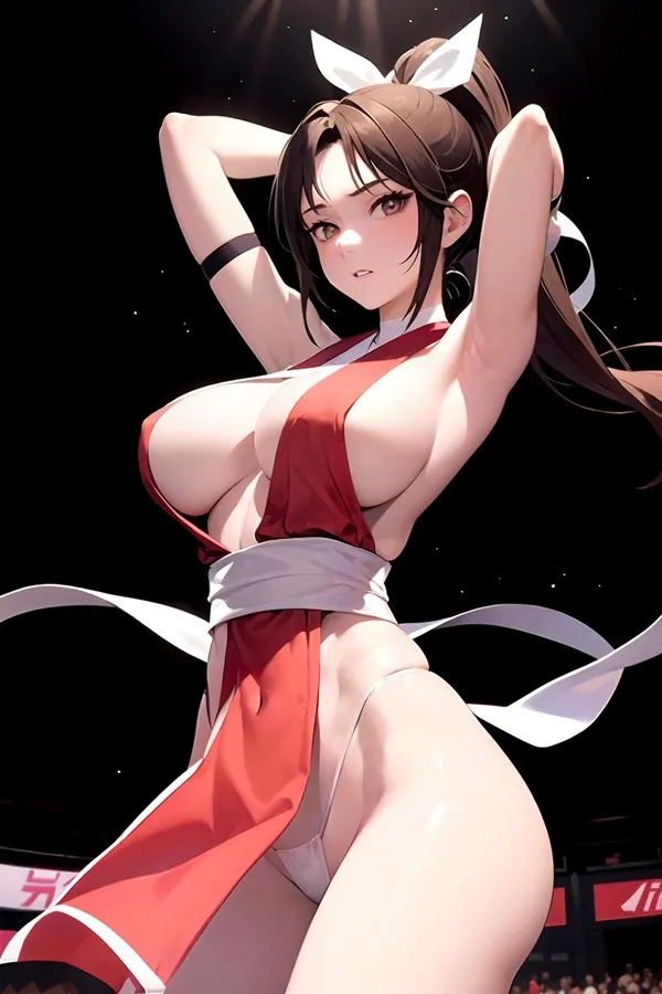 Ảnh shiranui mai hentai có một người phụ nữ mặc trang phục màu đỏ và trắng tạo dáng cho bức tranh