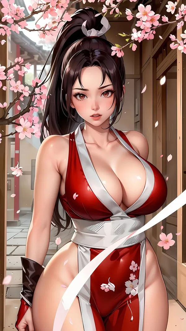 Ảnh shiranui mai hentai đây là một người phụ nữ mặc trang phục màu đỏ và trắng với thanh kiếm trong tay