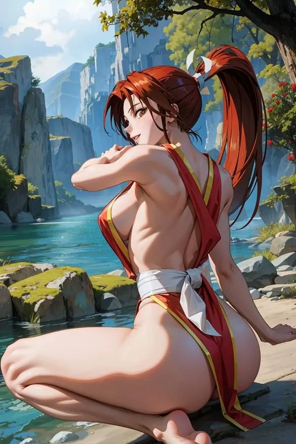 Hình ảnh shiranui mai một người phụ nữ mặc bikini ngồi trên tảng đá bên cạnh vùng nước