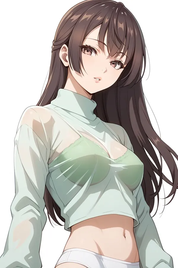 Ảnh suo yuki hentai có một người phụ nữ mái tóc nâu dài mặc áo sơ mi màu xanh lá cây