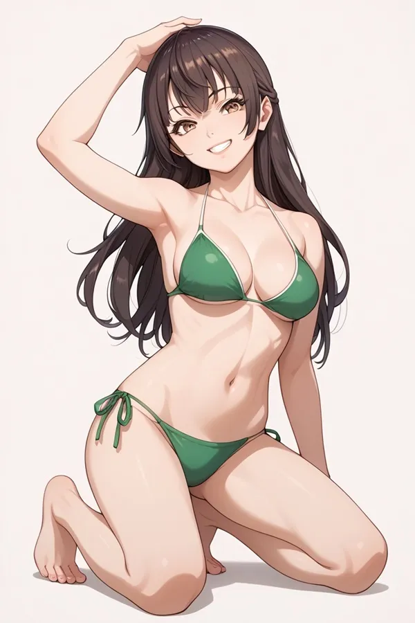 Ảnh suo yuki hentai cô gái mặc bikini màu xanh lá cây ngồi trên mặt đất với hai tay đầu