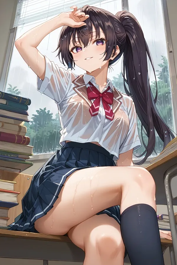 Ảnh suo yuki hentai không che cô gái anime với mái tóc đen dài ngồi trên bàn trước cửa sổ