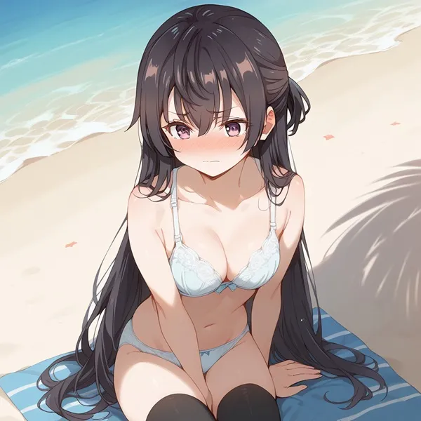 Ảnh suo yuki bikini cô gái anime ngồi trên khăn bãi biển bên đại dương