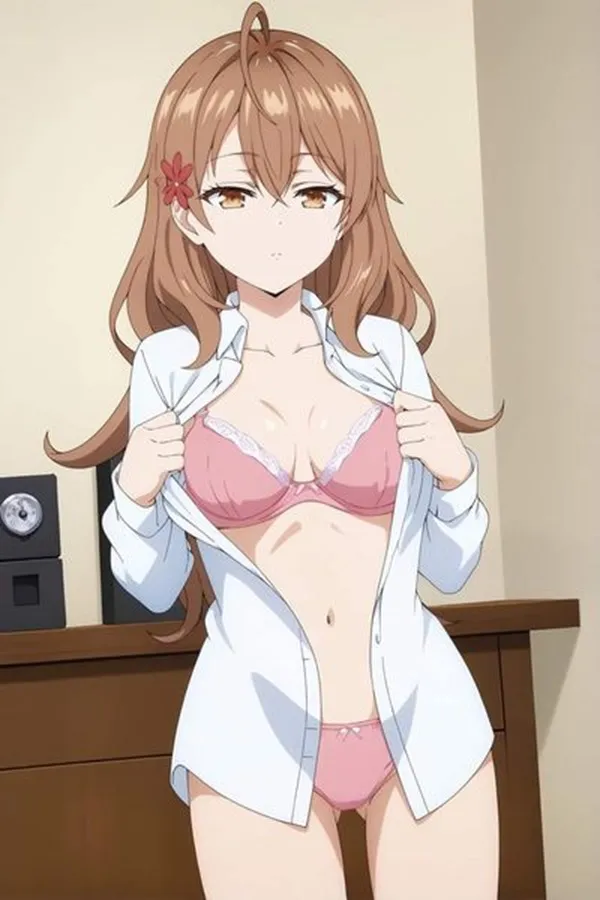 Ảnh suo yuki bikini hình anime của một người phụ nữ mặc áo sơ mi trắng và quần lót màu hồng