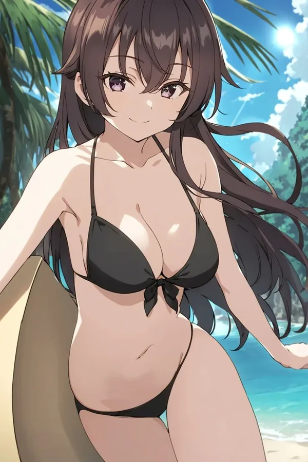 Ảnh suo yuki hentai có một người phụ nữ mặc bikini đứng trên bãi biển với ván lướt sóng