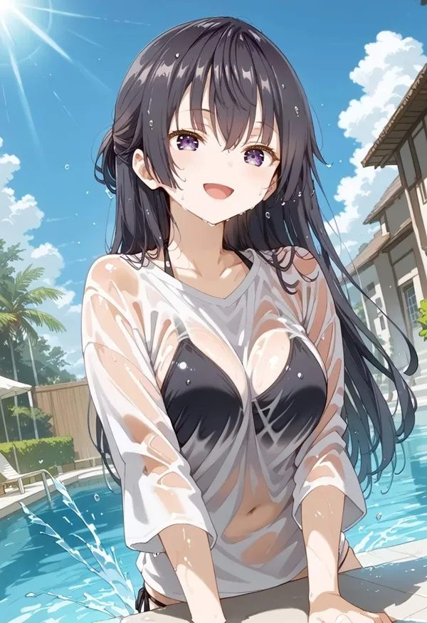 Ảnh suo yuki hentai không che có một người phụ nữ mặc bikini ngồi trên mép bể bơi