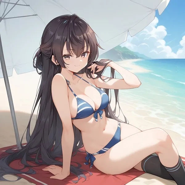 Ảnh suo yuki hentai có một người phụ nữ mặc bikini ngồi trên khăn bãi biển