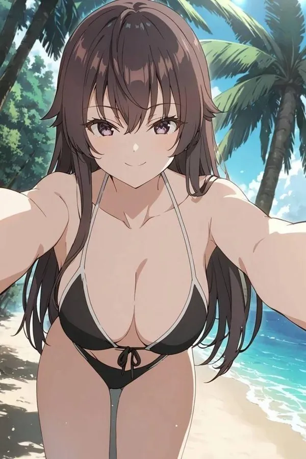 Ảnh suo yuki hentai không che có một người phụ nữ mặc bikini đứng trên bãi biển với những cây cọ
