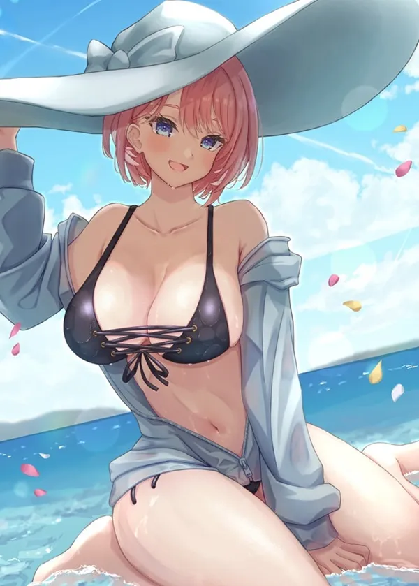 Ảnh takane lui bikini có một người phụ nữ mặc và mũ ngồi trên bãi biển