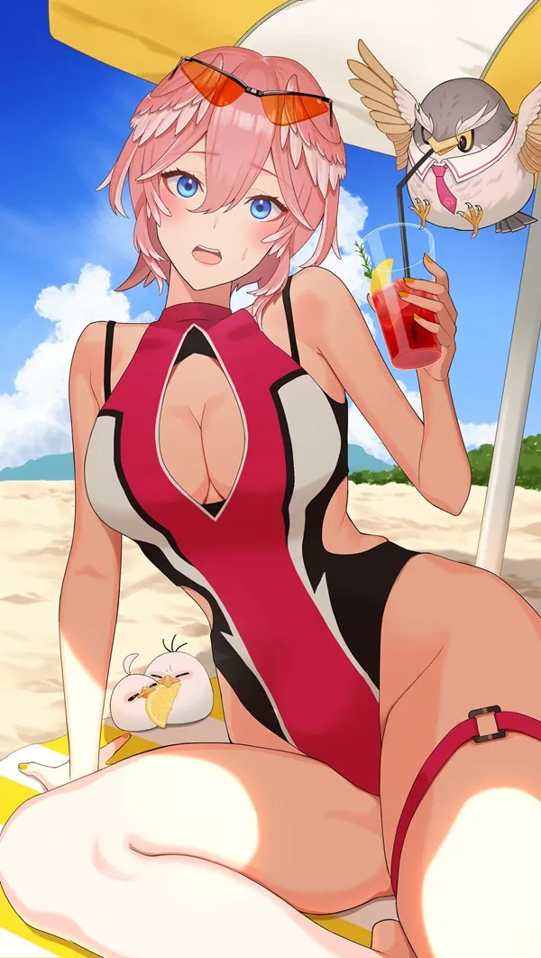 Ảnh takane lui bikini có một người phụ nữ đang ngồi trên bãi biển với đồ uống