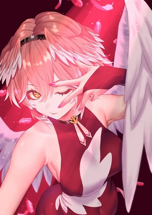 Ảnh takane lui bikini nghệ sĩ thể hiện một nhân vật anime nữ với đôi cánh và váy đỏ