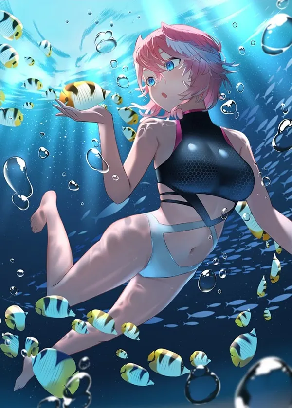 Takane lui bikini cô gái anime với mái tóc màu hồng trong bộ được bao quanh bởi cá và bong bóng