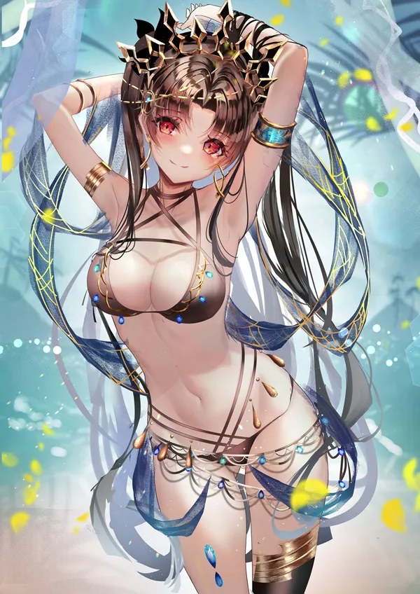 Ảnh tohsaka rin bikini hình minh họa của một người phụ nữ mặc với mái tóc dài và vương miện trên đầu