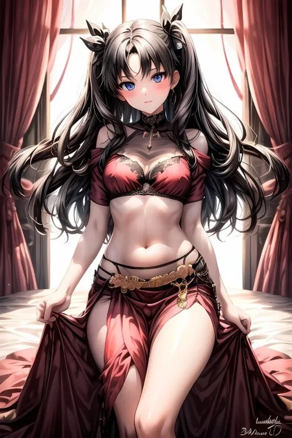Ảnh tohsaka rin ngầu một người phụ nữ mặc váy đỏ ngồi trên giường