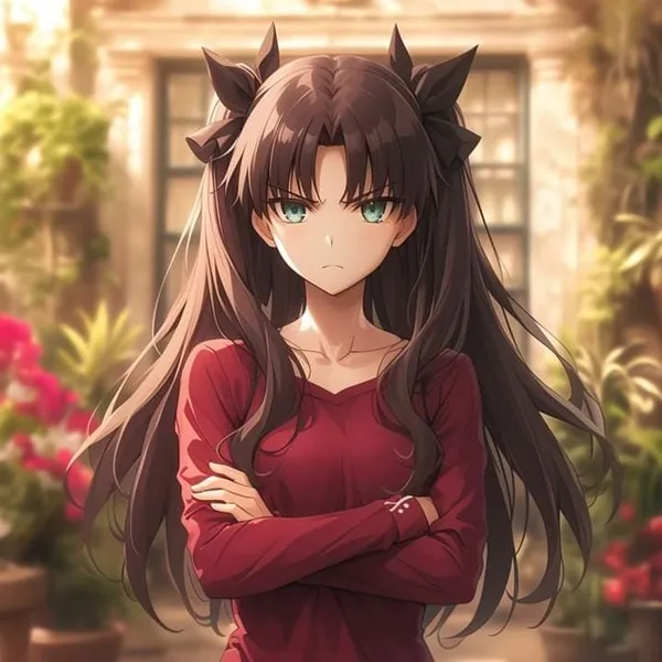 Ảnh tohsaka rin bikini một cô gái anime với mái tóc dài màu nâu đứng trước nhà