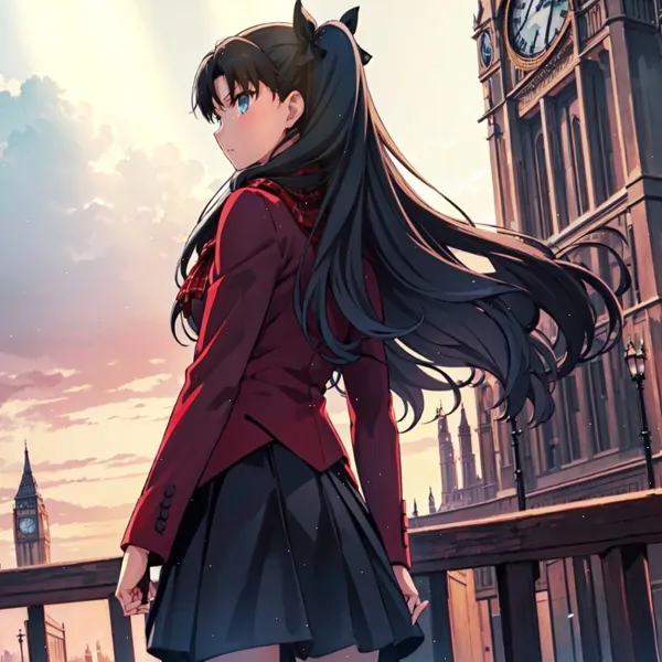 Ảnh tohsaka rin bikini cô gái anime với mái tóc đen dài đứng trước tháp đồng hồ