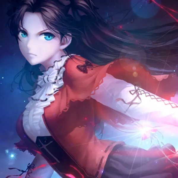 Ảnh tohsaka rin ngầu hình một người phụ nữ có mái tóc dài và đôi mắt xanh cầm kiếm