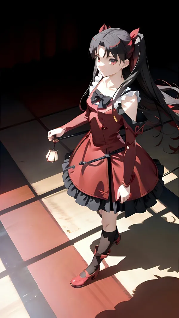 Ảnh tohsaka rin ngầu cô gái có mái tóc đen dài trong chiếc váy đỏ đứng trên sàn lát gạch
