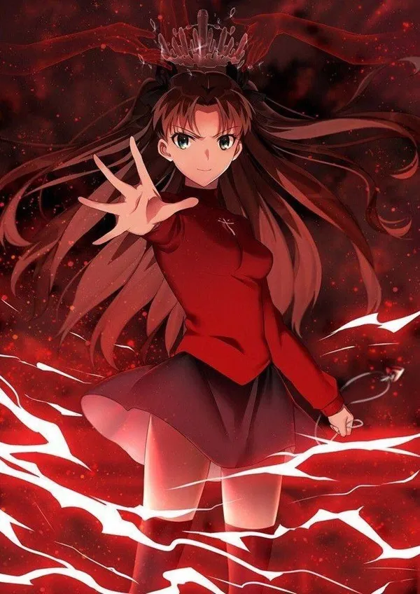 Ảnh tohsaka rin ngầu một người phụ nữ mặc áo đỏ và váy đen với vương miện trên đầu