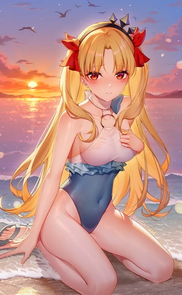 Ảnh tohsaka rin bikini cô gái thủy thủ ngồi trên bãi biển với một chiếc điện thoại trong tay