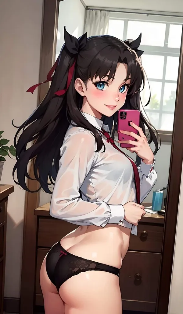 Ảnh tohsaka rin sexy có một người phụ nữ đang chụp tự sướng trong gương