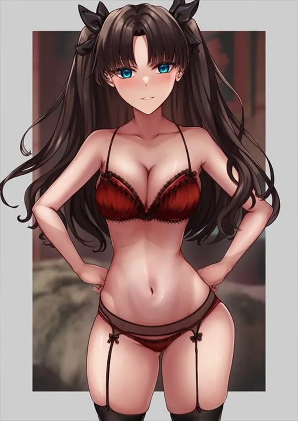 Ảnh tohsaka rin sexy một bản vẽ của người phụ nữ mặc bikini màu đỏ và vớ đen