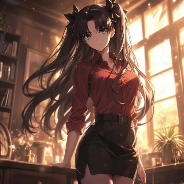 Ảnh tohsaka rin sexy một cô gái anime mặc áo đỏ và váy đen tạo dáng cho máy
