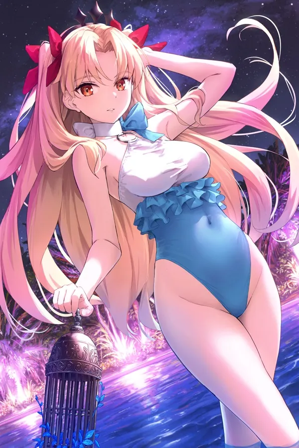 Ảnh tohsaka rin sexy một cô gái anime mặc bộ đồ bơi màu xanh đứng cạnh vòi chữa cháy