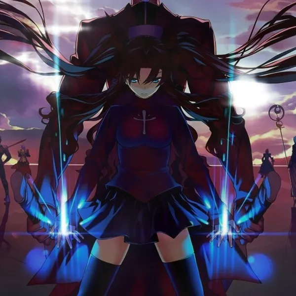 Ảnh tohsaka rin sexy một nhân vật anime với mái tóc dài đứng trước hoàng hôn