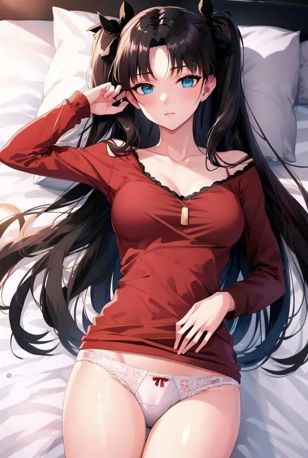 Ảnh tohsaka rin sexy cô gái anime mặc áo đỏ nằm trên giường với hai tay đầu